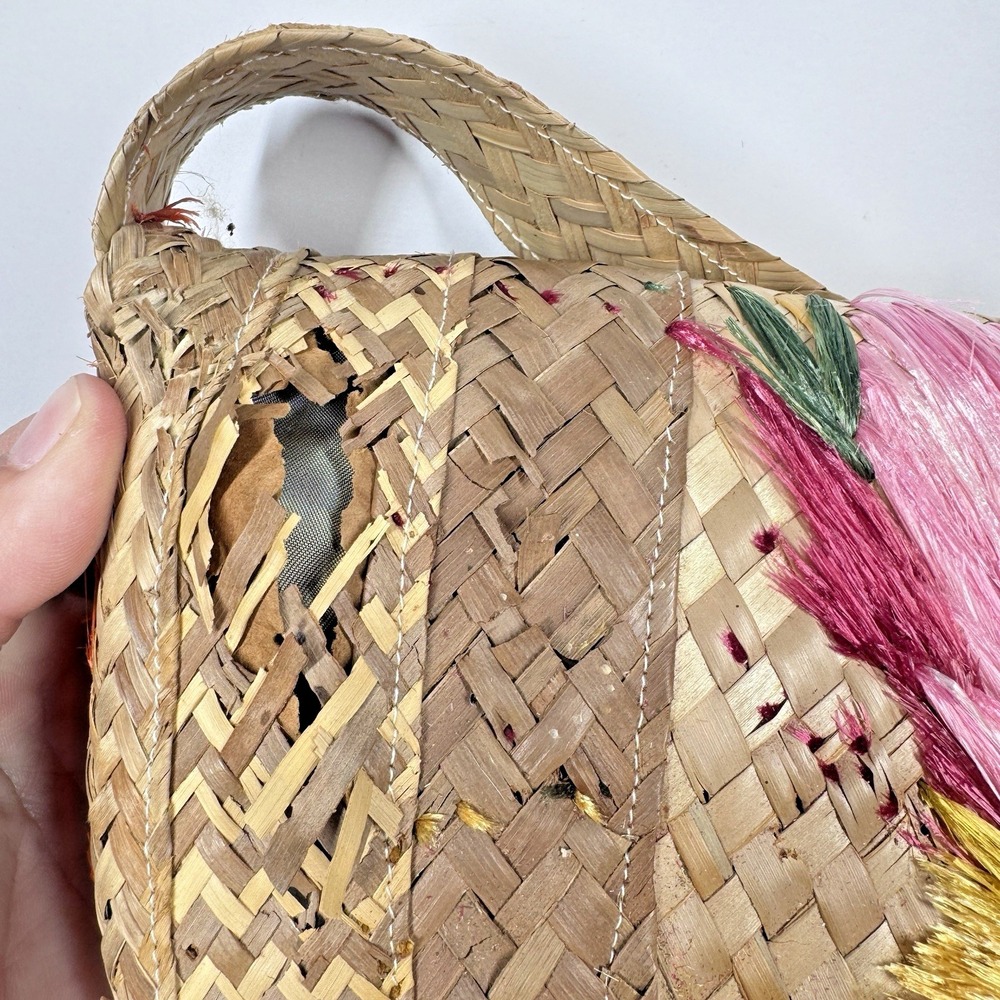Vintage Woven Straw Raffia Purse Floral Embroidery Boho Tote Bag 13x10 READ - Picture 9 of 13